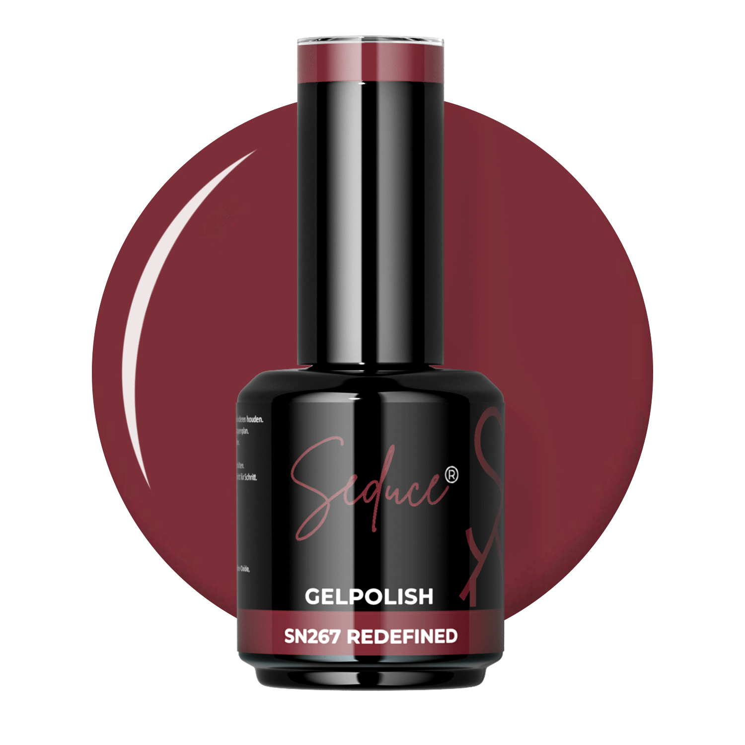 Gelpolish Redefined SN267 wijnrode colordrop met flesje op witte achtergrond