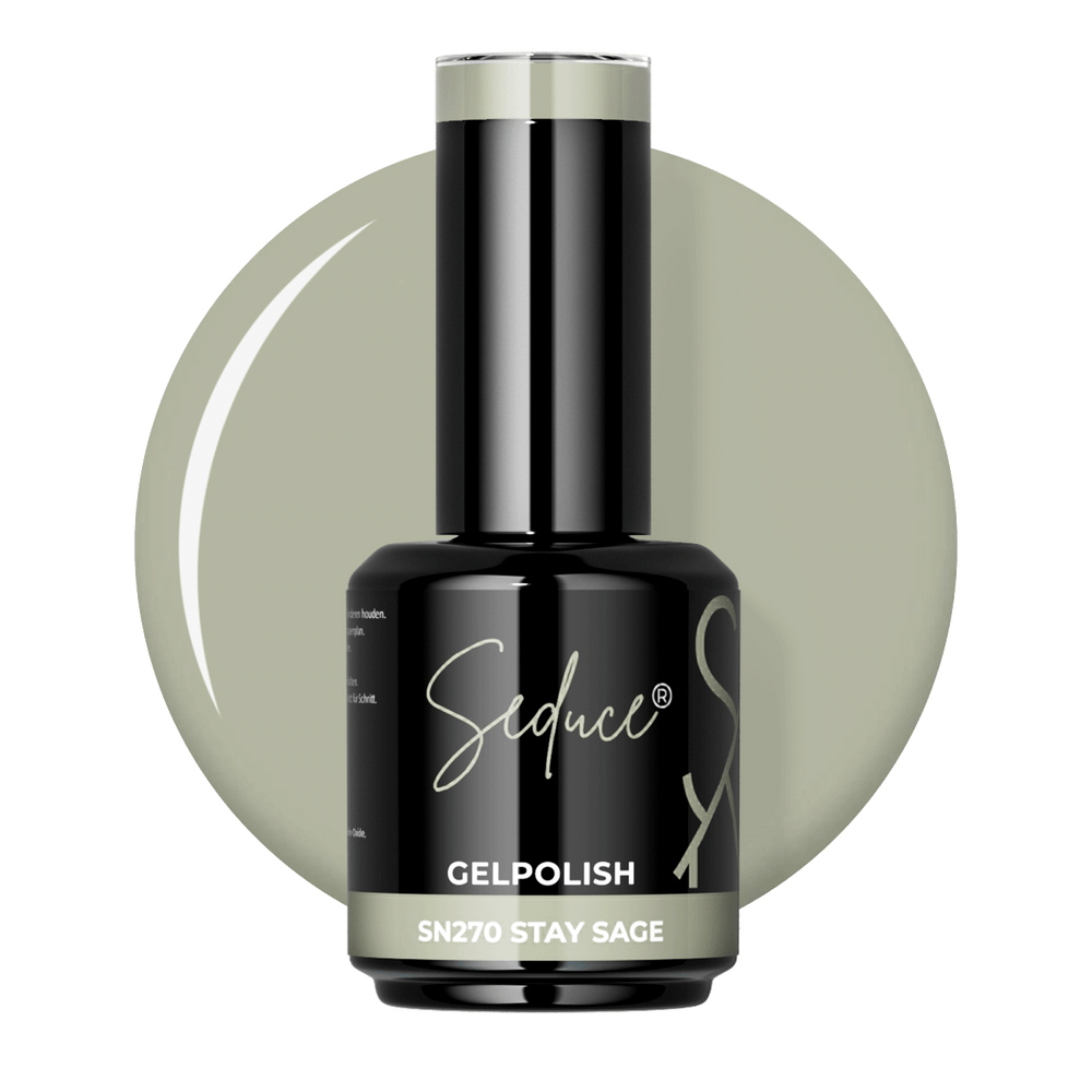 Seduce® Gelpolish Stay Sage SN270 zachte saliegroene colordrop met flesje op transparante achtergrond