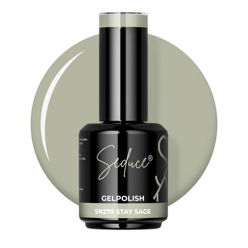 Seduce® Gelpolish Stay Sage SN270 zachte saliegroene colordrop met flesje op transparante achtergrond