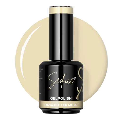 Flesje Seduce® Gelpolish SN274 Butter Me Up naast een warme pastelgele colordrop