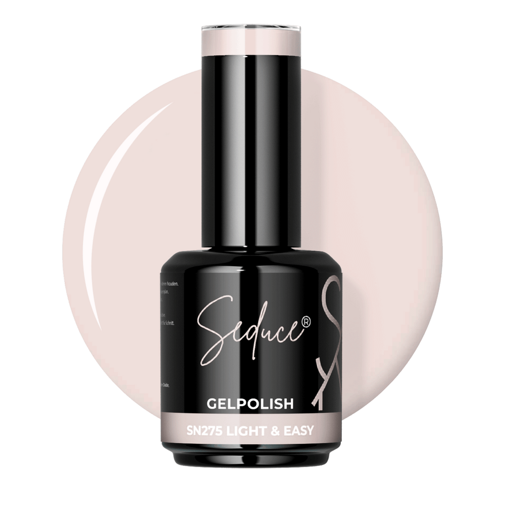 Seduce® Gelpolish Light & Easy SN275 zachte ivoorbeige colordrop met flesje op witte achtergrond