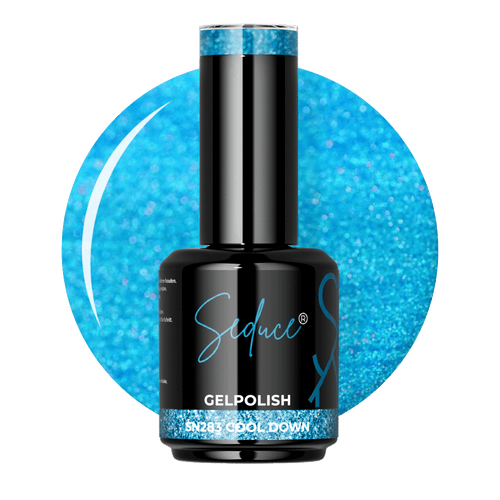 Seduce® Gelpolish Cool Down SN283 ijzig lichtblauwe colordrop met holografische glitter en flesje