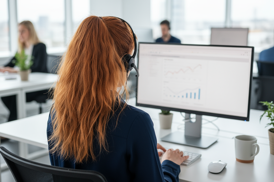 vrouwelijke klantenservice vrouw met ros haar enkel achterkant zichtbaar